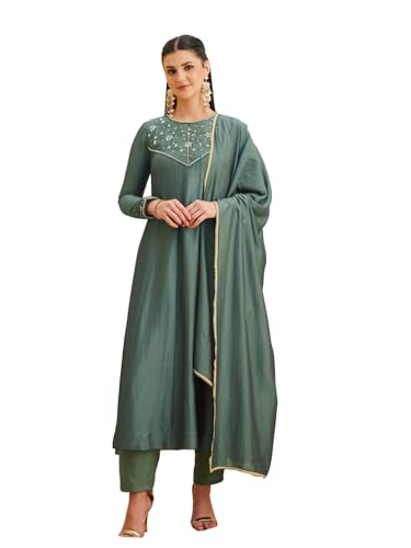 Image of MOKOSH Women's Silk Hand Work Anarkali Kurta Pant with Dupatta | Anarkali Kurta Pant | Embroidered | Round Neck Full Sleeve | 3 Piece Outfit | Ethnic Wear
