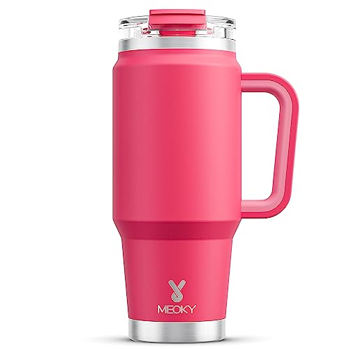 Image of Meoky 32 oz Tumbler with Handle, Insulated Tumbler with Lid and Straw, Stainless Steel Travel Mug, Keeps Cold for 24 Hours, 100% Leak Proof, Fits in Car Cup Holder (Ruby)