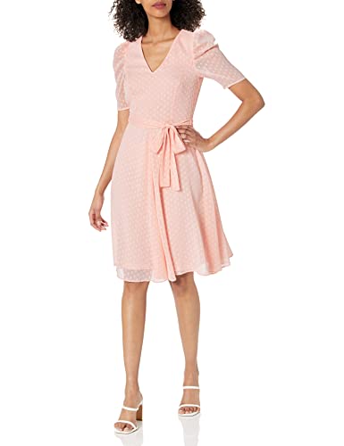 Image of Tommy Hilfiger Adaptive Women's Puff Sleeve V-Neck Tie Waist Chiffon Mini Dress