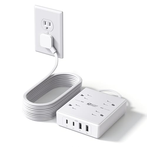 SUPERDANNY Flat Plug Power Strip Surge Protector 10 Ft Long Flat Extension Cord with 4 Outlets & 4 USB (2 USB-C) Charging Station for Home Office College Dorm Room Essentials Travel White