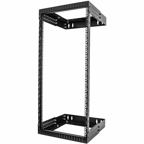 Image of StarTech 24U 2-Post Wall Mount Open Frame Rack, 19in (RACK-24U-20-WALL-OA) | Adjustable depth 12-20in, 2.0mm SPCC cold-rolled steel, M6 cage nuts and screws, Heavy-duty 90kg capacity