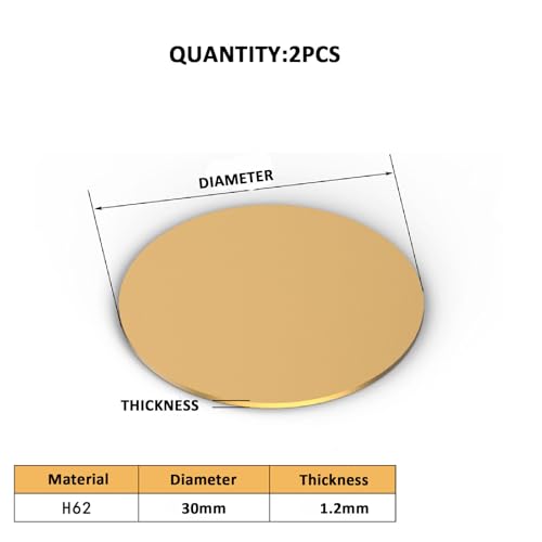 COYOUCO 2 Pcs Brass Round Plates Thickness 1.2mm Diameter from 15mm-300mm Brass Disc Suitable for Crafts, Models, and Repairs,30mm