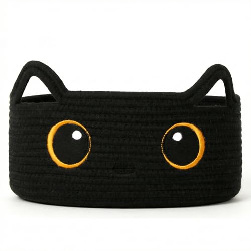 Zebmilmo Black Cat Toy Basket Woven Cat Toy Storage Bin with Embroidered Face Small Cotton Rope Storage Box with Handle Ears for Home Decor Pet Bed Nursery Kids Room Organization