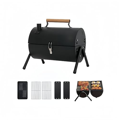 折りたたみ式 バーベキューコンロ 焚き火台 | 網・鉄板・蓋付き 多機能BBQグリル | 軽量ポータブル ステンレス製 アウトドア/キャンプ/庭用 4〜6人対応 (ベーキングパン付き,ブラック)