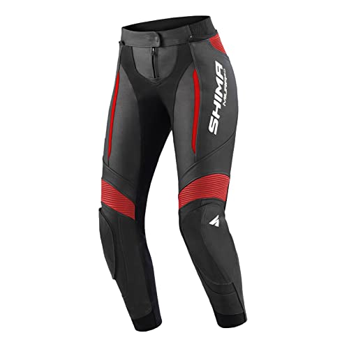 SHIMA Miura 2.0 Pantalones de moto   Cuero, mujer, pantalones deportivos con protectores de caderas y rodillas, cuero perforado, paneles elásticos, para traje de 2 piezas (40, Negro/Rojo)