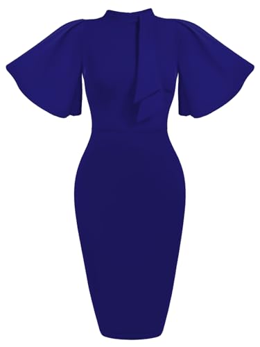 Image of Mokayee Womens Collar Ruffle Sleeve Bodycon Church Cocktail Pencil Midi Dresses with Pockets