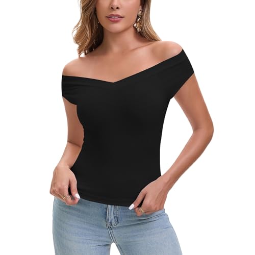 Galabris Women's Off Shoulder Stretchy Tops Ribbed Knit Skinny Fitted Basic Tee Going Out V Neck Casual Camisole Black