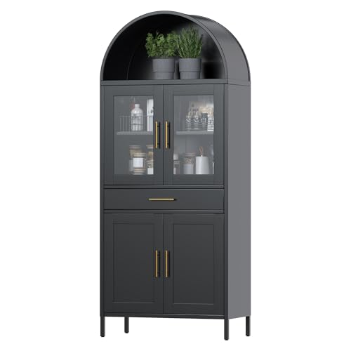 Reviews de Vitrinas favoritos de las personas. 41 VEXPOR - clóset arqueado de metal de 73 pulgadas de alto, clóset de despensa de cocina con puertas de vidrio, estantería arqueada moderna de granja con 1 cajón y 2 estantes...