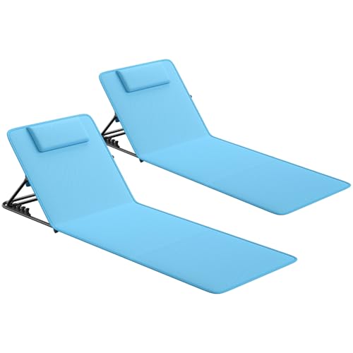 LARMNEE Lot de 2 Chaise de Plage avec Dossier Réglable, Matelas de Plage en Mousse, Lit de Bain de Soleil avec Dossier Inclinable, Chaise Longue Pliable avec...