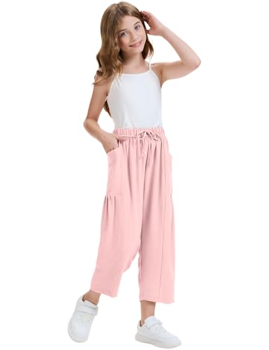 Image of COZYPOIN Girl's Wide Leg Pants Elastic Waist Loose Fit Flowy Casual Beach Palazzo Harem Trousers with Pockets 5-14 Y
