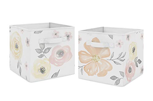 Sweet Jojo Designs Yellow Pink Watercolor Floral Foldable Fabric Storage Cube Bins Boxes Organizer Toys Kids Baby Childrens - Set Of 2 - Blush Peach Orange Cream Grey Shabby Chic Rose Flower Farmhouse #TOP9