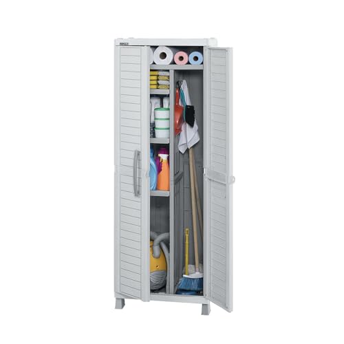 Rimax | Armario Organizador Plástico 3 Estantes Ajustables y 1 Fijo, Espacio para Escobas Trapeadores, Gabinete Multiusos Ideal Hogar Jardín o Exterior Resistente Duradero Fácil de Limpiar (Gris)