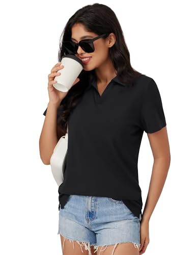 MAGCOMSEN Women's Polo Shirts Cotton Short Sleeve V-Neck Collared Tops Golf Shirt Work Casual Summer Tee3