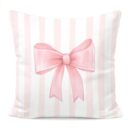 FOPENEM Pink Bow Decorative Throw Pillow 18x18 Inch – Cute Blush Pink Striped Pillow Cover for Girls Room, Baby Nursery, Sofa or Bedroom Decor