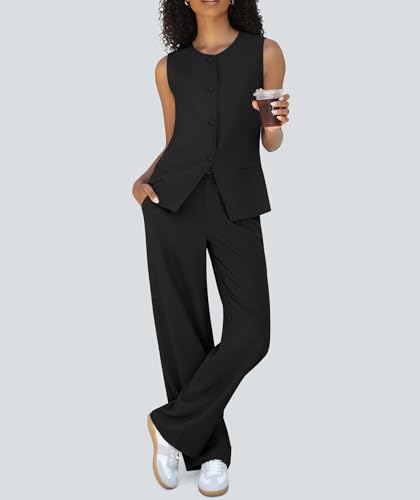 Women's 2 Piece Blazer Outfits Sleeveless Crewneck Vest Wide Leg Pantsuit 2025 Dressy Casual Work Sets3