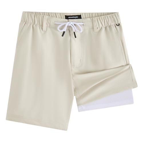 maamgic Boys Casual Shorts with Compression Liner & Zipper Pockets Stretch Fit School Uniform Shorts for GolfRunning White-White