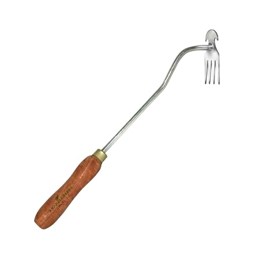 Image of Anandi Greens Garden Weeding Tool with Wooden Handle || Weeder Hand Tool 4 Claws Manual Weed Puller for Lawn and Garden Weed Removal Tool Steel