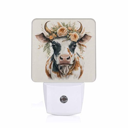 Image of LED Night Light,Garlands Cow Watercolor Painting LED Night Light Plug into Wall with Dusk to Dawn Light Sensor White Energy Efficient Nightlight for Bedroom Bathroom Hallway LivingRoom Kitchen