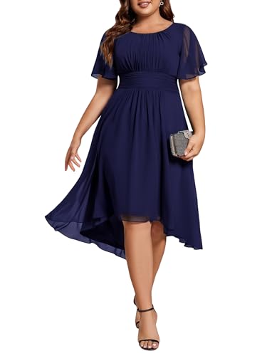 Image of Ever-Pretty Women's Plus Size Formal Wedding Guest Dresses for Curvy Women A Line Chiffon Midi High Low Cocktail Dress