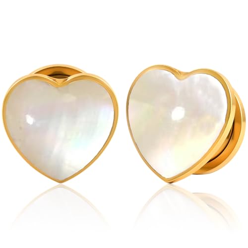 Vankula Dilataciones Orejas 1 Pare Tunnels Plugs Expansaor Single Acampanados corazón con concha de acero inoxidable Oreja piercing Lóbulos dilatados de joyería para Mujer Hombre 8mm(0G) Oro
