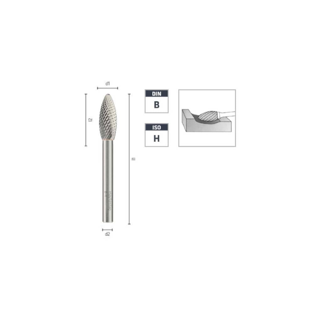 Fresa giratoria HM varilla cilíndrica con forma de llama cruzada - Diamante D. 8 x Lt. 65 x Lu. 20 x Q 6 mm. Diamwood