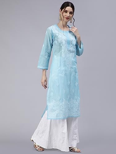 Image of Seva Chikan Hand Embroidered Lucknowi Chikankari Cotton Kurta Kurti for Women SCL4316