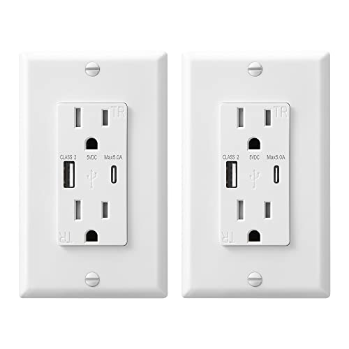 DEWENWILS 5.0A USB Wall Outlet, USB Outlet with Type C & Type A USB Ports, 15 Amp Tamper Resistant Receptacle Outlet, Wall Plate Included, ETL Listed,