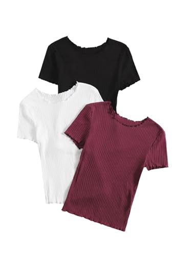 OYOANGLE Girl's 3 Pack Ribbed Knit T Shirts Short Sleeve Crew Neck Lettuce Trim Basic Solid Tee Tops