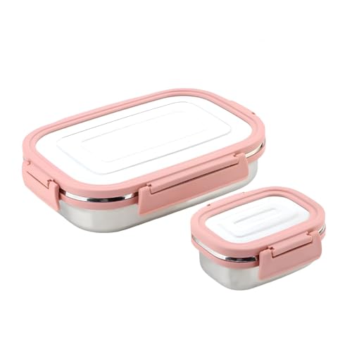 Image of Premium Stainless Steel Lunch Box, 1000ml + 200ml, Leakage Proof /Airtight Containers Large Lunch /Tiffin Box for Office, School Use, Bento Lunch Box for Men /Women, 4 Side Clip Lock Lid - Pink