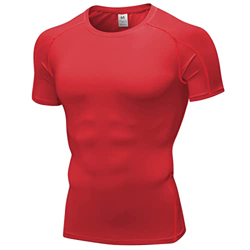 Yuerlian Men's Compression Shirt Short Sleeve T-Shirt Baselayer Sports Tops Workout Gym Running Cool Dry Compression Shirts Red
