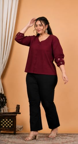 Image of Akiko Women's Plus Size Cotton Slub Fabric Top V-Neckline Embroidered Sleeves