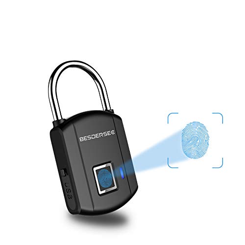 Fingerprint Padlock, Outdoor Smart Biometric Thumbprint Keyless Lock, One Touch Unlock Portable USB Rechargeable Anti Theft School lock, for Gym Suitcase Backpack Luggage Door Office - Elegant Black