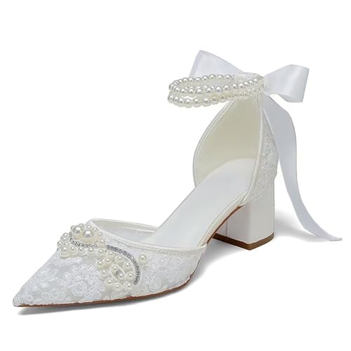 Block Heel Wedding Shoes for Bride Pointed Toe Lace Pearl Bridal Heels