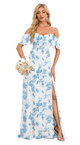 Image of Floral Bridesmaid Dress with Slit Flowy Chiffon Off The Shoulder Formal Evening Dress US4 Blue Disty Floral HGR93