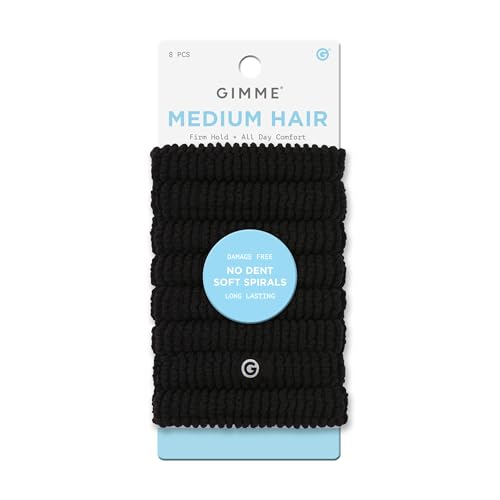 Gimme Beauty Medium Hair Spiral Phone Cord Hair Bands - No-Snag Elastic Bands for All Hair Types - Non-Pulling Soft Hair Ties - Hair Accessory - Essentials Ponytail Holder - Black, 8 Pack