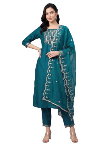 Image of INDO ERA Women's Silk Embroidered Straight Kurta With Pant & Dupatta Set