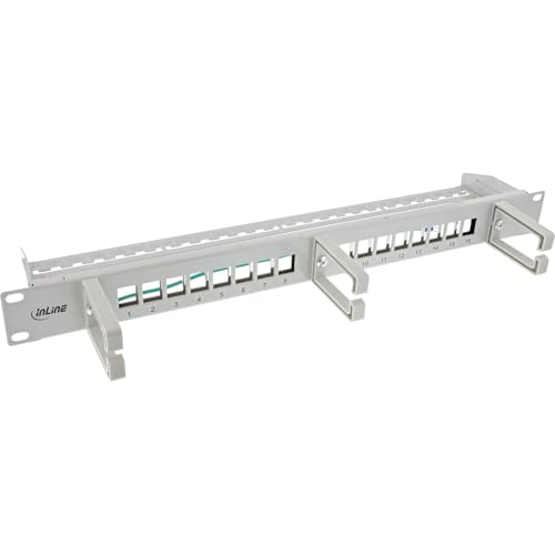InLine® Patchfeld Keystone 76822A - Panel de Conexiones (16 Compartimentos, 19", 1U, con 3 planchas para Cables, Panel vacĂo para Redes y Multimedia, Montaje en Rack), Color Gris