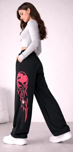 Image of CRAMPLEWomen's Graphic Print Wide Leg Sweatpants, Elastic Waist with Drawstring, Casual Streetwear Joggers
