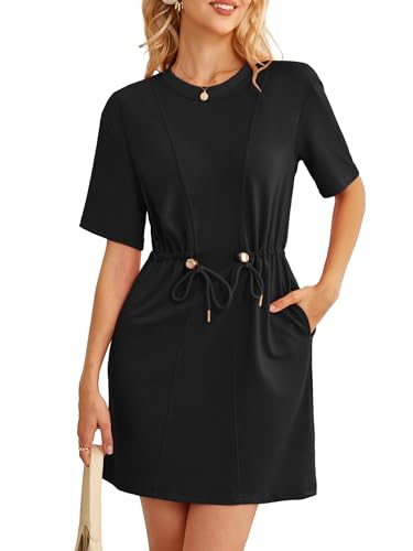 Image of Kikibell Womens Summer Dresses Crewneck Sweatshirt Mini Dress with Pockets Drawstring Waist Short Sleeve Casual Outfits