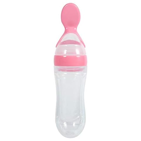 Baby Feeding Bottle, 1Pc 90mLSilicone Baby Food Squeeze Bottle Spoon Feeder Rice Paste Spoon for Baby Toddler(Pink) Cover