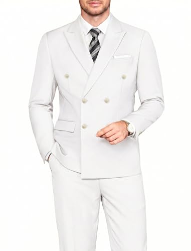 COOFANDY Men's 2 Piece Double Breasted Suits Slim Fit Tuxedo Jacket and Dress Pants Set for Wedding Business Prom White