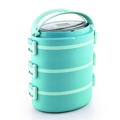 Image of Ganesh 3 Compartment Vega Insulated Food Container with Attractive Spoon - Airtight Leak-Proof Lunch Box for Office, School, Picnic 1200ml - Green