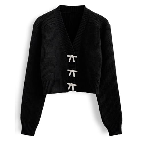 トップス Watermark Pattern Knitted Cardigan black CHICWISH Women Crop Cardigan Sweaters Bowknot Brooch Button