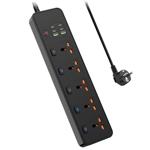 Multiprise Universelle avec USB, 5 Prises Universelles avec Interrupteur Individuel, 3250 W Power Strip avec Protection Contre Les Surcharges, Câble d'alimentation de...