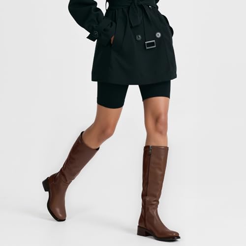 Image of QIY Knee High Boots for Women Low Heel Flat Tall Boots, Light Brown, 8.5