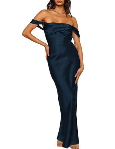 Realtix Elegant Satin Off The Shoulder Ruched Backless Maxi Dress for Women Strapless Tube Sleeveless Bridesmaid Dresses