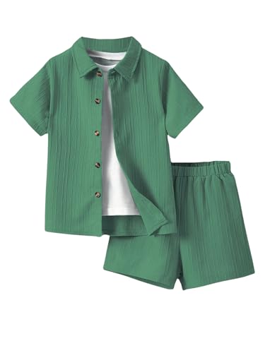 Image of SweatyRocks Boy's 2 Piece Summer Vacation Outfits Short Sleeve Collar Button Down Shirt and Shorts Clothing Set