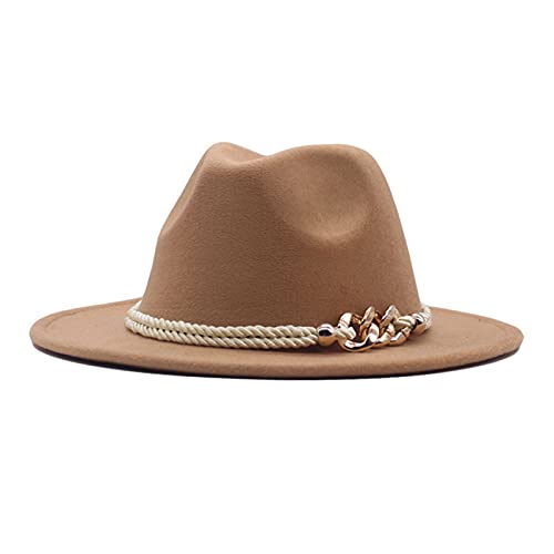 Panamahut für Damen Klassischer Fedora Hut mit Breiter Krempe und Gürtelschnalle Panamahut Kirche Derby Hut Schwarz Woll Fedora Filzhut Kirche Hüte(Khaki) Cover