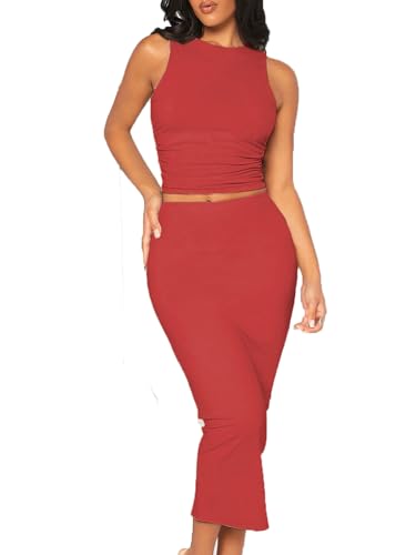 Image of Bdwinz Women's Casual 2 Piece Dress Round Neck Tank Top Bodycon Midi Skirt Dress Set