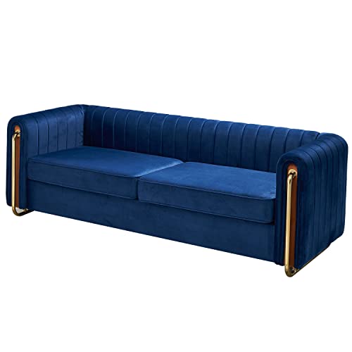 Image of KEIKI 84 inch Velvet Deep Channel Tufted Sofa with Back Cushions and Rolled Arms, Modern Style 3-Seater Couch with Golden Polished Steel Legs, Easy Assembly, for Living Room, Bedroom, Office, Blue